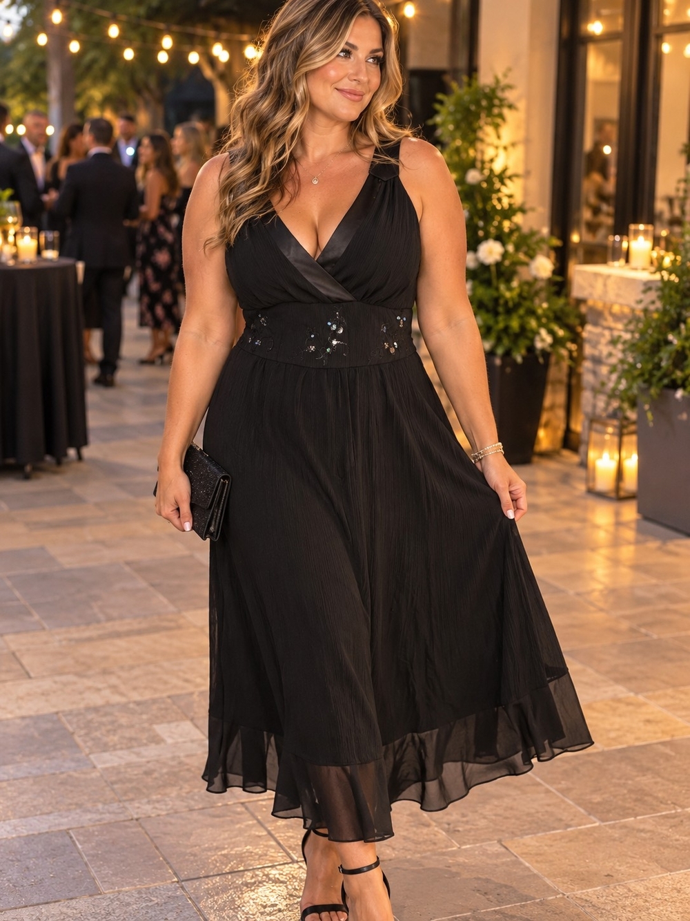 Black V-Neck Midi Dress with Sequin Waist